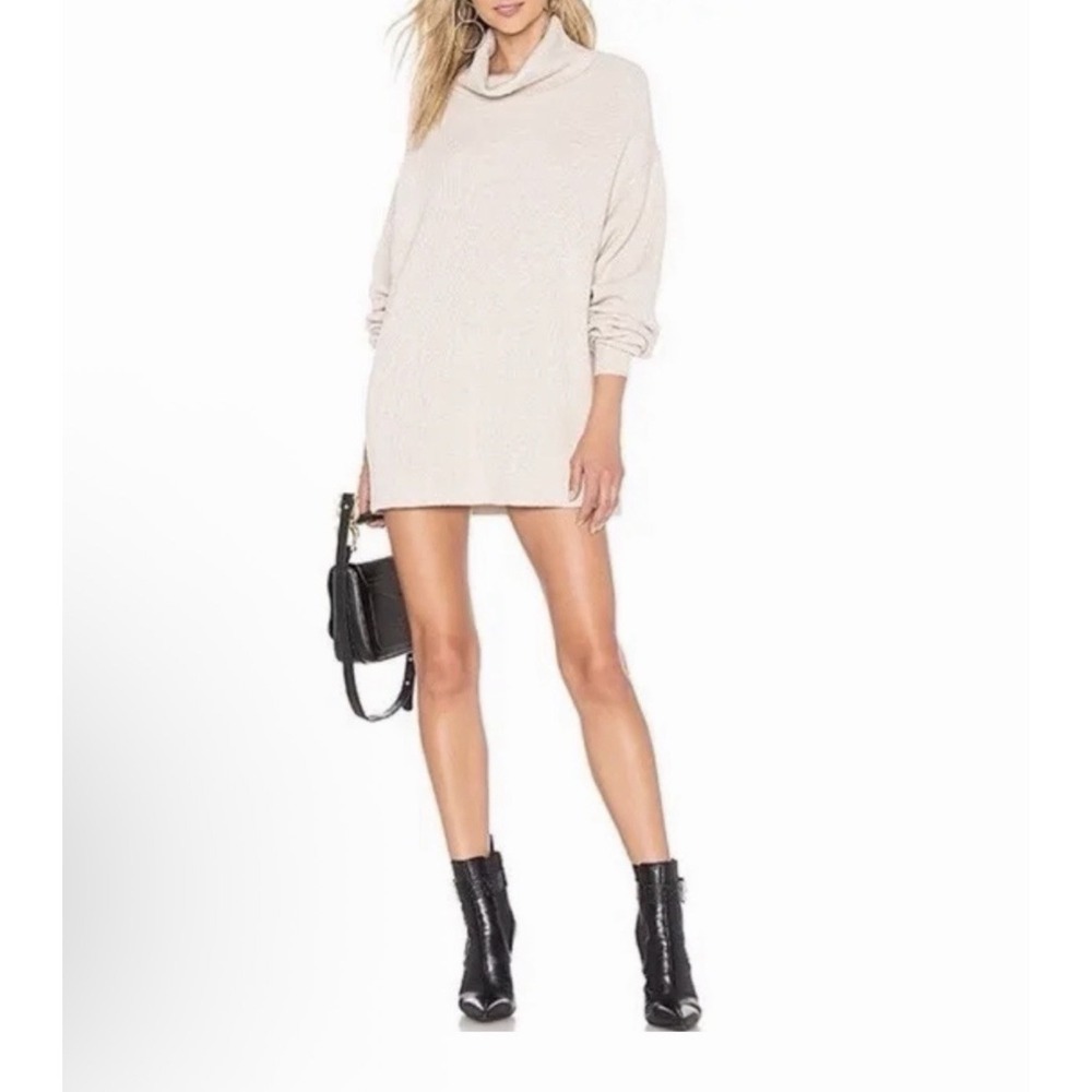 Free People Softly Structured Tan Ribbed Oversized Tunic Cowl Sweater SZ XS